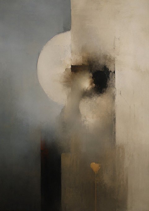 An abstract painting featuring a muted, fractured composition with a pale sphere, a dark void, and a small golden heart shape against weathered gray and beige tones, visually echoing the post's meditation on vulnerability and the beauty found in imperfection.