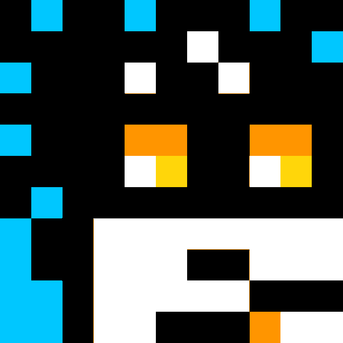 A pixel art style image showing a face-like pattern made of black, white, cyan, orange, and yellow square blocks.