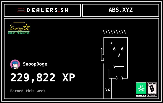 A dashboard from DEALERS.SH and ABS.XYZ showing user SnoopDoge earned 229,822 XP this week with a doodle illustration.