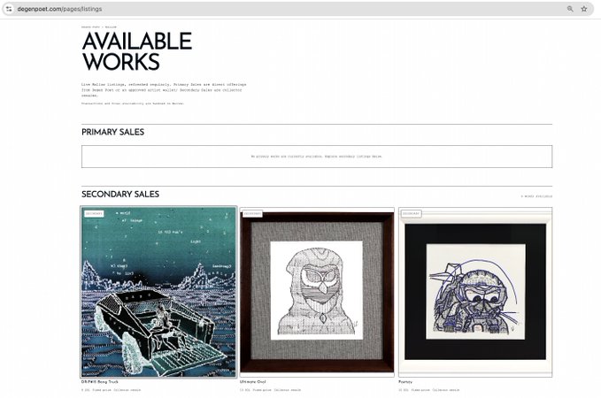 Screenshot of a webpage titled 'AVAILABLE WORKS' on degengoat.com/pages/listings, showing sections for 'PRIMARY SALES' (with no available works) and 'SECONDARY SALES' featuring three artworks including 'St. Pork Bing Truck' by Tok, 'Siberian Owl' by Vee, and 'Kamala' by Eda Erdoğan.