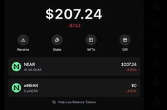 The image shows a portfolio tracking $207.24 in holdings, down $7.53 or -3.51%, with NEAR worth $207.24 (down -5.93%) and wNEAR at $0, representing a "Mid-Low Balance Tokens" view. This relates to the post by displaying a NEAR token balance as part of a promotional giveaway encouraging users to join the nearlegion chat and onboard through their bot to potentially receive a share of $200.