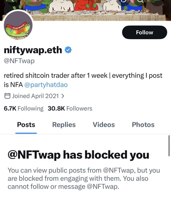 A Twitter profile for @NFTwap (niftywap.eth) describes the user as a 'retired shitcoin trader after 1 week,' with a note indicating @NFTwap has blocked you.