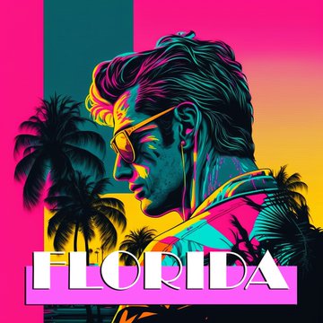 A vibrant pop-art style illustration featuring a man in sunglasses in profile with palm trees, overlaid with the text 'FLORIDA' in white letters.