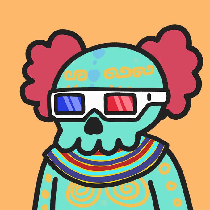 A colorful illustration of a turquoise sugar skull wearing red and blue 3D glasses, decorated with traditional Day of the Dead designs against an orange background.
