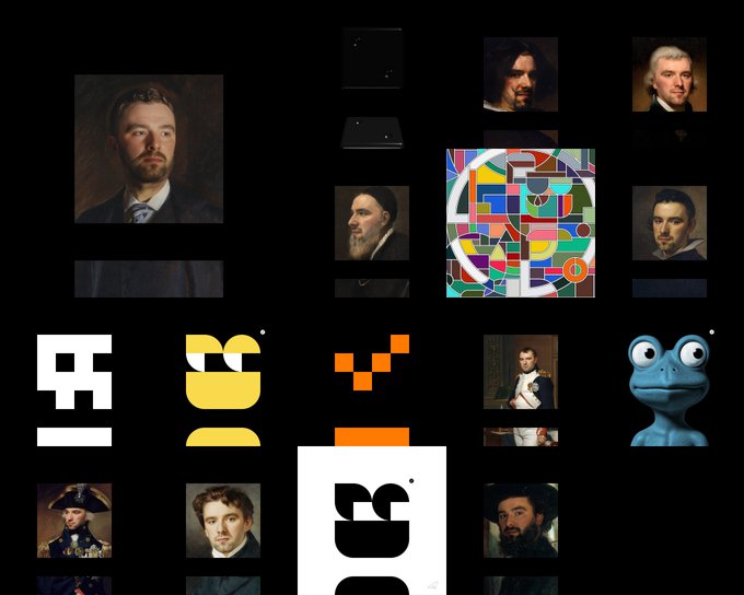 A collage featuring historical portraits, abstract geometric artwork, logos, a blue frog character, and various graphic design elements arranged on a black background.