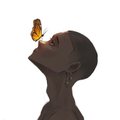 A close-up photograph of a bald man's face tilted upward with a small butterfly resting on his lips, set against a plain white background.
