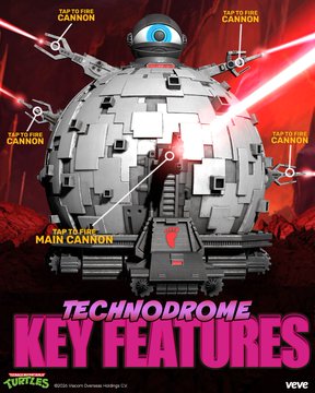 The image is a promotional graphic for a Teenage Mutant Ninja Turtles "Technodrome" collectible by Kidrobot, showcasing its key features with labels pointing to the "Main Cannon," "Blinking Eye," and multiple "Tap to Fire Cannons" surrounding the spherical, tracked fortress. The bold pink text "Technodrome Key Features" and Kidrobot/veve branding appear at the bottom, aligning with the post describing the interactive AR-enabled toy with authentic track rotation, articulating cannons, and a blinking eye.
