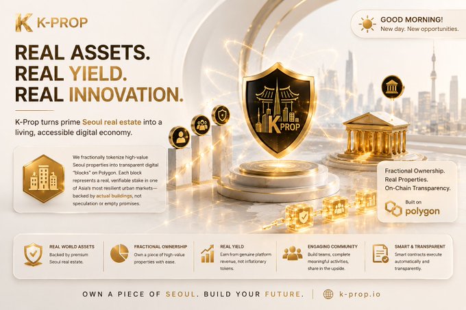 Promotional banner for K-PROP, a project that tokenizes Seoul real estate on Polygon, with text 'REAL ASSETS. REAL YIELD. REAL INNOVATION.' and 'OWN A PIECE OF SEOUL. BUILD YOUR FUTURE.'
