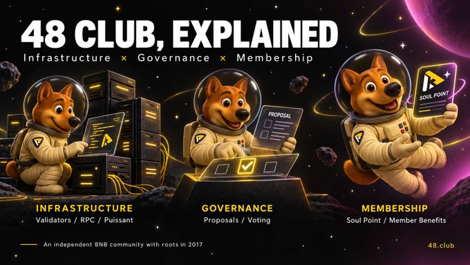 A space-themed graphic titled '48 CLUB, EXPLAINED' featuring three Shiba Inu astronauts labeled 'INFRASTRUCTURE', 'GOVERNANCE', and 'MEMBERSHIP', with the subtitle 'An independent BNB community with roots in 2017' and the URL '48.club'.