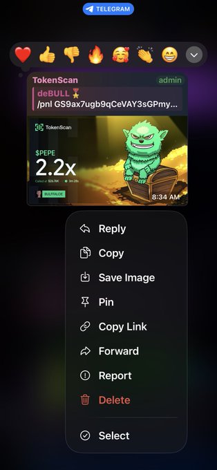 A Telegram chat screenshot from 'TokenScan' showing a meme image of a green goblin character labeled '$PEPE' with '2.2x' text, with a context menu open displaying options like Reply, Copy, Save Image, and Delete.