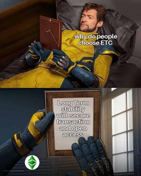 A man in a yellow superhero-style suit lies in bed reading a book, with the text "why do people choose ETC" appearing beside him. The second panel reveals the book's contents, displaying the answer: "Long Term stability with secure transaction and open access," accompanied by the Ethereum Classic (ETC) logo. The meme humorously presents ETC's key value propositions as the answer to why investors choose the cryptocurrency.