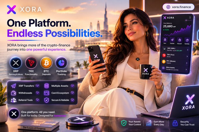 A promotional banner for XORA Finance displays the tagline "One Platform. Endless Possibilities" alongside a woman holding an XORA-branded phone and mug, with the platform's interface showing a Total Balance of $25,680.20 USD (+28%). The graphic highlights the platform's integrated crypto services—XRP earning, TRX functionality, BTC deposits, and portfolio tracking—matching the post's description of a unified hub for multiple cryptocurrency utilities and a developing card ecosystem.