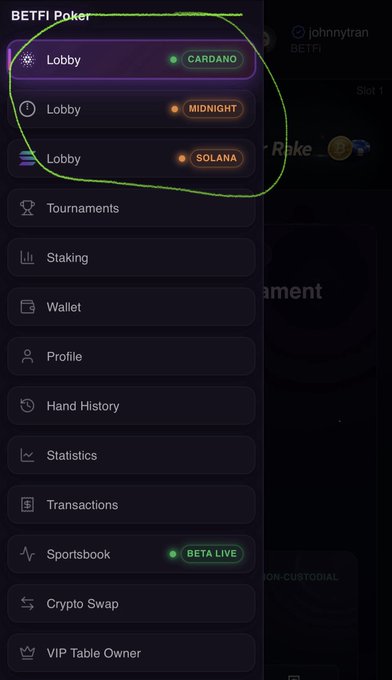 A BETFI Poker menu showing Lobby options for CARDANO, MIDNIGHT, and SOLANA (circled in green), along with other features like Tournaments, Staking, Wallet, and Crypto Swap.