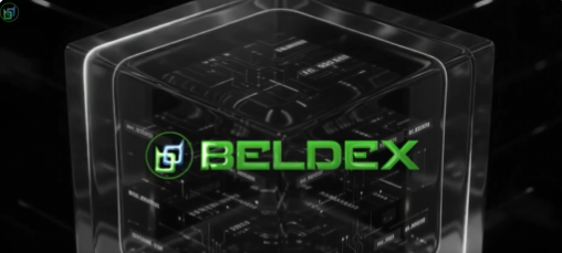 A black background with a transparent cube revealing circuit board patterns inside, displaying the green 'BELDEX' logo.