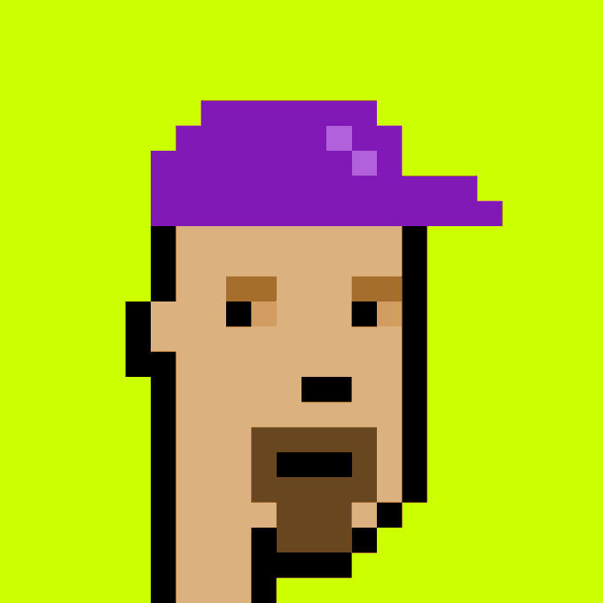 A pixel art style portrait of a bald character with brown eyes, thick eyebrows, and a goatee against a bright green background.