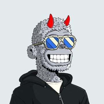 A digital illustration of a grey, furry, ape-like character wearing a black hoodie, reflective blue sunglasses with gold frames, and small red devil horns.
