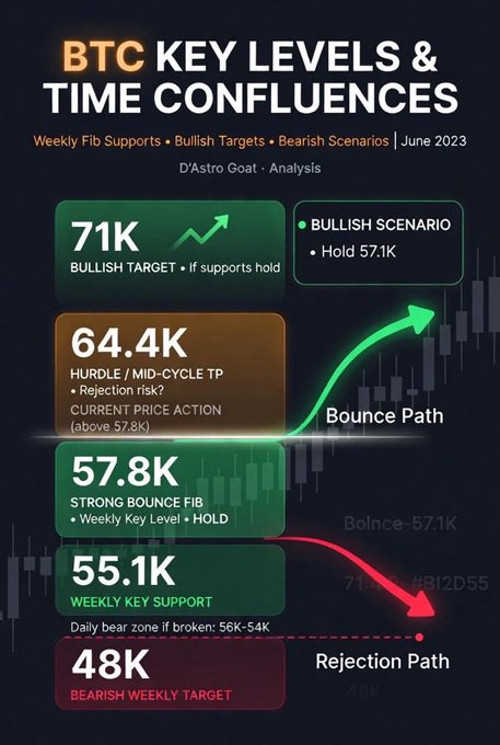 A dark-themed infographic titled "BTC KEY LEVELS & TIME CONFLUENCES" by D'Astro Goat (June 2023) outlining Bitcoin price levels: bullish target 71K, mid-cycle hurdle 64.4K, key support 57.8K, weekly support 55.1K, and bearish target 48K, with green "Bounce Path" and red "Rejection Path" arrows. The accompanying post confirms the analyst still stands by these levels but has shifted the expected timeline to Q4, anticipating one more high in September before a deeper retracement.