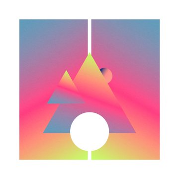 A geometric digital artwork featuring a large pink and orange gradient triangle with a smaller triangle beside it, set against a hazy blue and magenta background with a white circle and small sphere. The piece's vibrant, dreamy aesthetic complements the artist's social post showcasing their minted NFT collection, where the bold, eye-catching composition serves as a visual reminder of their creative portfolio.