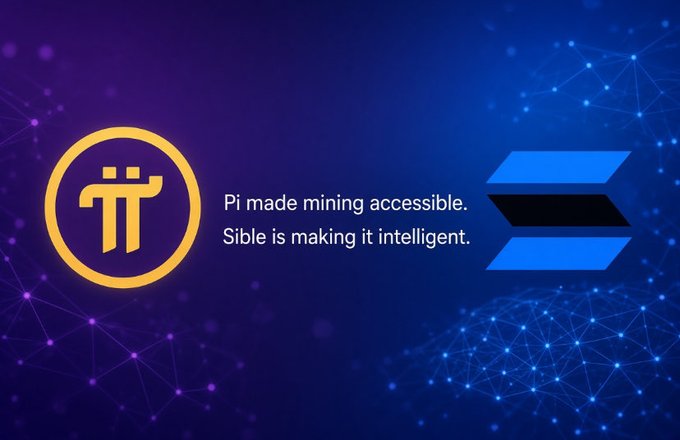 A promotional graphic featuring the Pi Network logo (gold "π" symbol) and the Sible Network logo (blue stacked bars) against a blue-to-purple digital network background, with text reading "Pi made mining accessible. Sible is making it intelligent." The image visually reinforces the post's message of extending Pi's inclusive mining vision through $SIBLE's Proof of Intelligence utility.