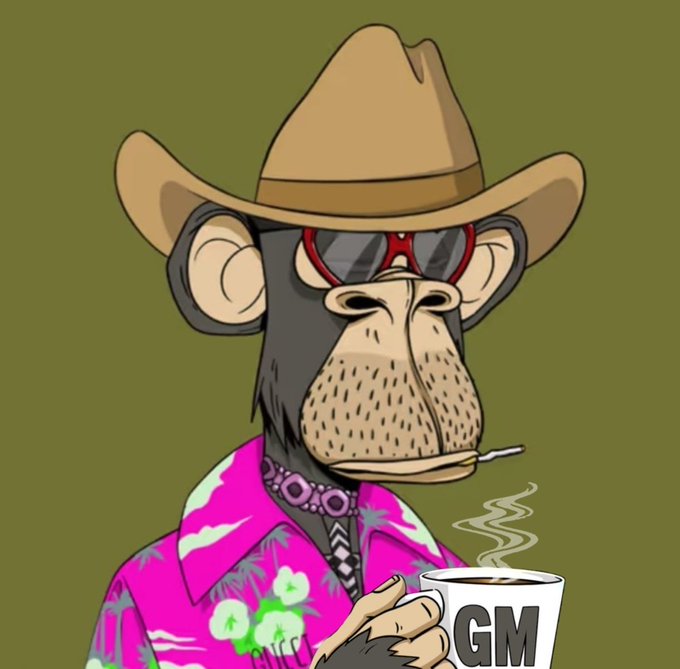 A digital illustration of a stylized monkey wearing a brown cowboy hat, red sunglasses, and a pink Hawaiian shirt, holding a steaming mug labeled 'GM' and a cigarette.