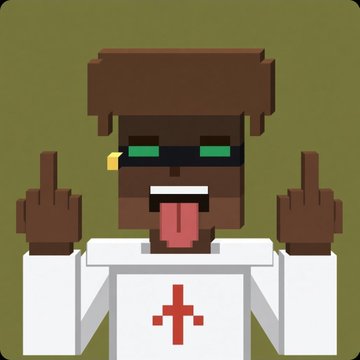 A pixel art character with brown skin, a green visor, and their tongue sticking out, making middle finger gestures while wearing a white shirt with a red cross.