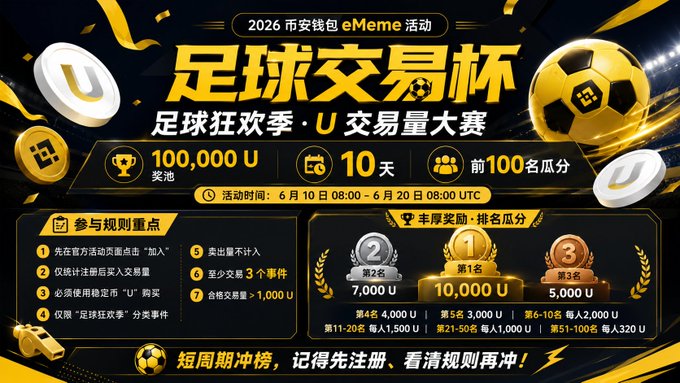 The image features a poster for an event related to soccer, with a large yellow soccer ball at the center of the poster surrounded by gold coins. The poster also includes Chinese characters that translate to "2021 eMeme UTMEC" and "币安钱包足球狂欢季". The event is described as a "10 天足球狂欢季", which translates to "10 days of soccer games". The poster also includes information about the event, including that it is taking place in China and has been sponsored by eMeme UTMEC.