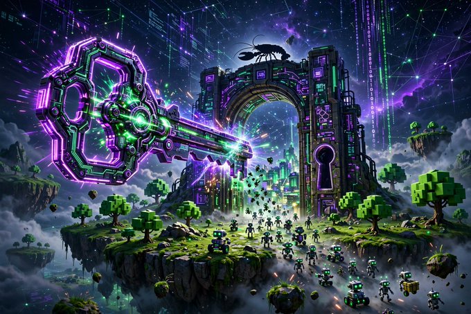 A vibrant digital artwork depicting a glowing purple key unlocking a portal in a Minecraft-style floating world, with blocky characters and code raining from a starry sky.