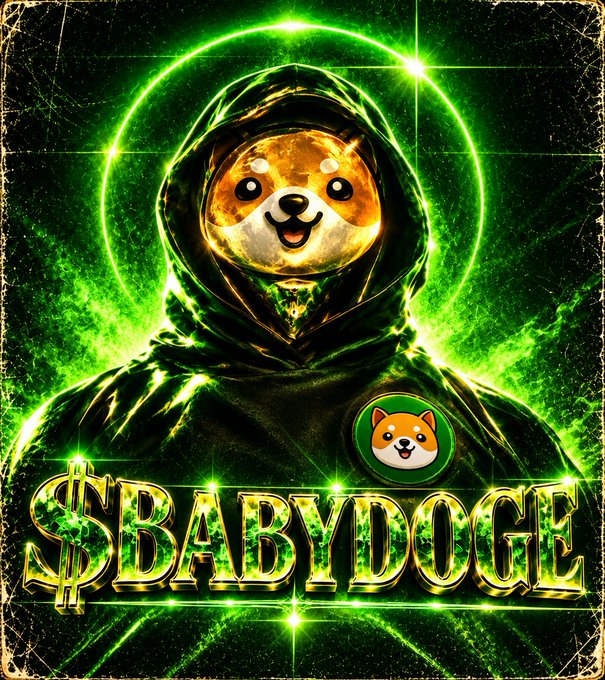 An identical digital artwork to the first, showing a hooded figure with a Shiba Inu dog face inside a gold astronaut helmet, surrounded by a glowing green halo, with the text '$BABYDOGE' at the bottom.