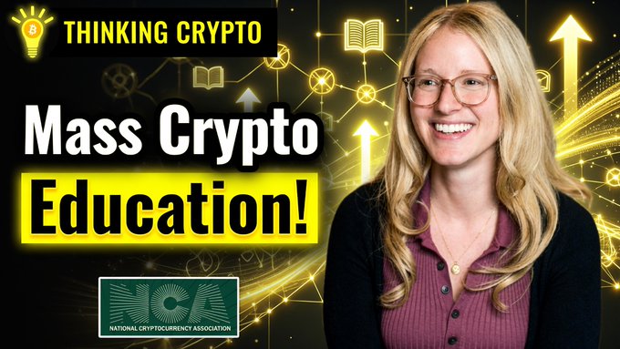 A YouTube thumbnail titled 'THINKING CRYPTO: Mass Crypto Education!' featuring a smiling blonde woman with glasses and a National Cryptocurrency Association logo.
