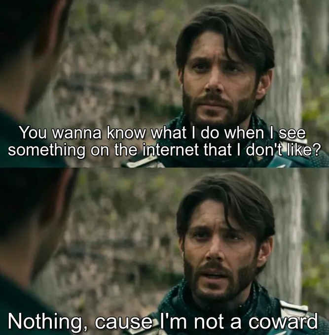 The image shows two men, one wearing a green shirt with white text that says "You know what I do when I see something on the internet that I don't like", while the other man has his back turned towards him. The first man is talking about the importance of being cautious and not wasting time on social media.