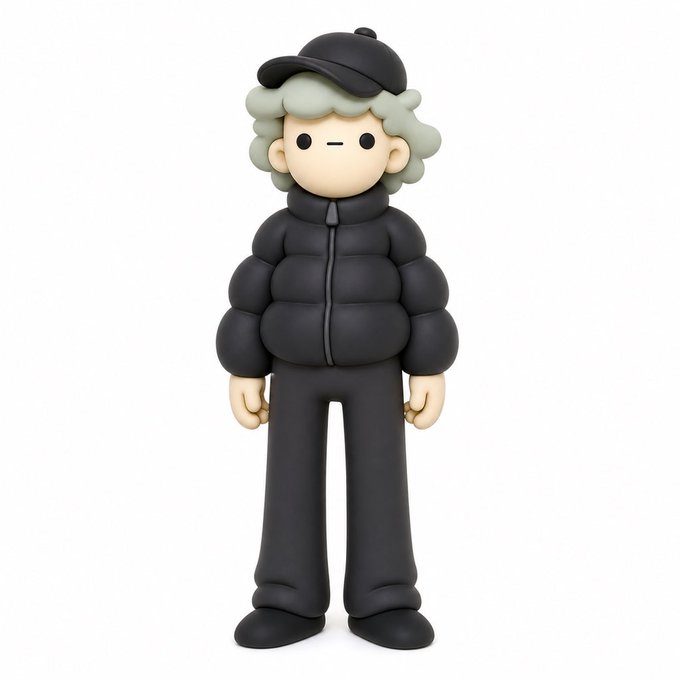 A vinyl figurine of a character with curly light green hair wearing a black puffer jacket, cap, and pants stands against a white background.