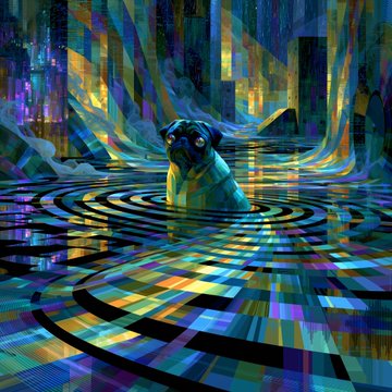 A pug sits surrounded by concentric, colorful digital "waves" that ripple across the surface like a glitching data stream, mirroring the post's theme of waves as information rather than water in the "Puggish Frequencies" piece by @Mettody1 for the #WavesSyntax collective.