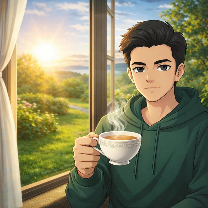 An anime-style illustration depicts a young man with dark hair wearing a green hoodie, holding a steaming cup of tea while looking out a window at a sunlit garden landscape.