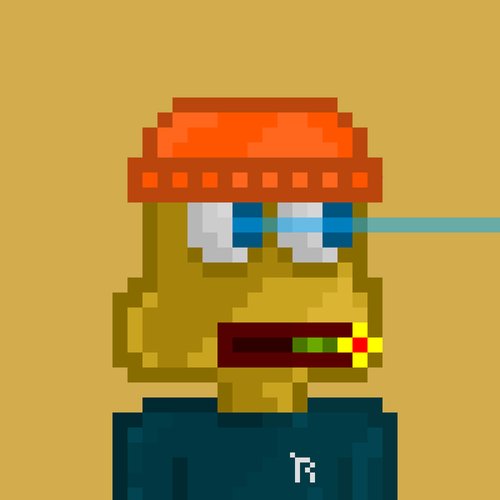 A pixel art avatar of a character wearing an orange beanie, blue sunglasses, and a gold tooth grill, with a cigarette in their mouth.