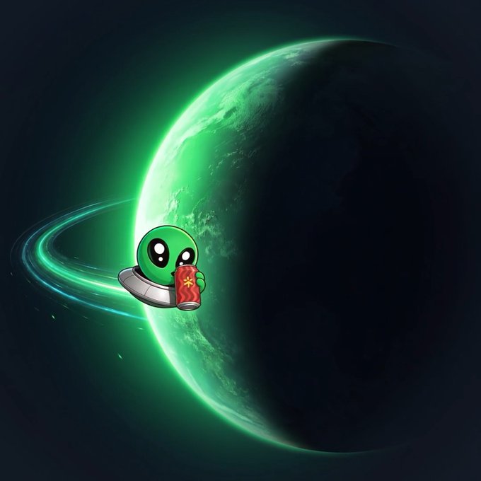 A digital illustration depicts a small green alien character in a spaceship flying past a large planet with glowing green rings.