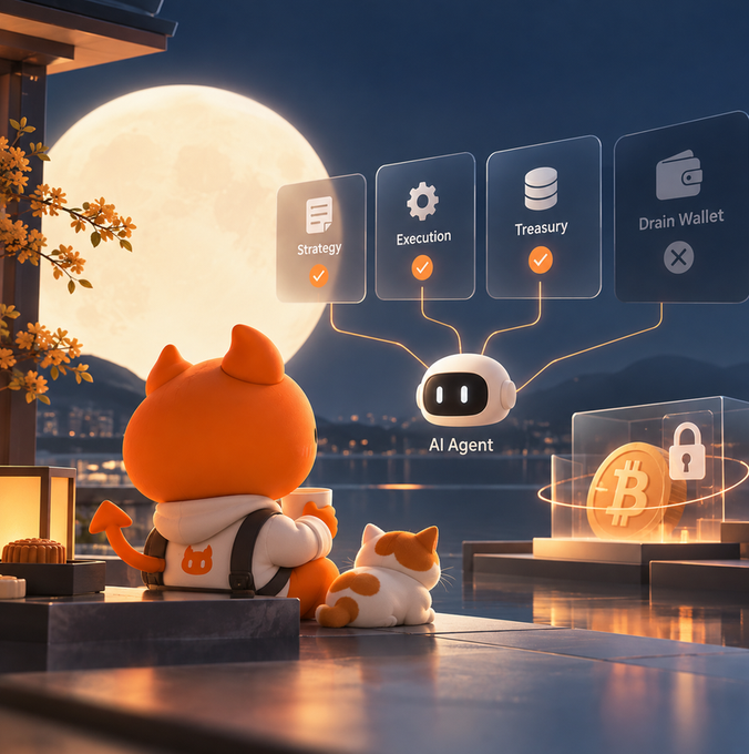 An illustration showing an orange cartoon character and a small dog looking at an 'AI Agent' interface with options for 'Strategy', 'Execution', 'Treasury' (checked) and 'Drain Wallet' (X-ed out), alongside a glowing Bitcoin display under a full moon.