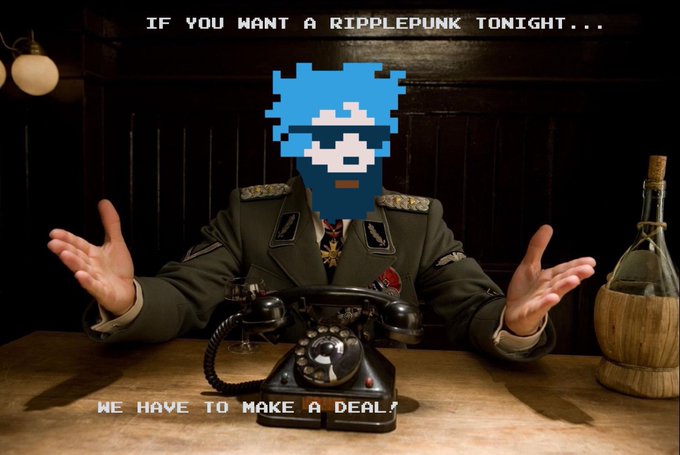 A meme shows a figure in a military uniform sitting at a desk with a vintage telephone, their face replaced by a pixel art blue beaver, with text reading "IF YOU WANT A RIPPLEPUNK TONIGHT... WE HAVE TO MAKE A DEAL."