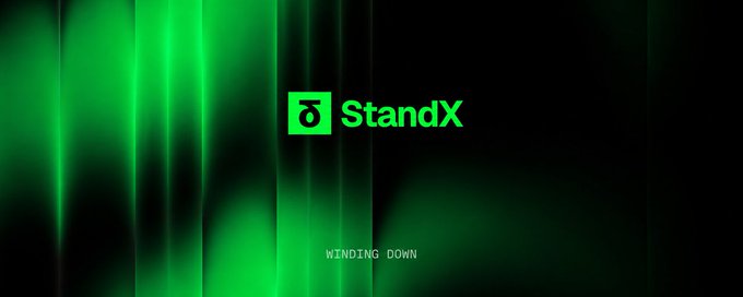 The image displays the StandX logo and name in green against a dark background with green light streaks, along with the tagline "WINDING DOWN," which visually reflects the project's announcement to shut down and distribute a final airdrop to its users.