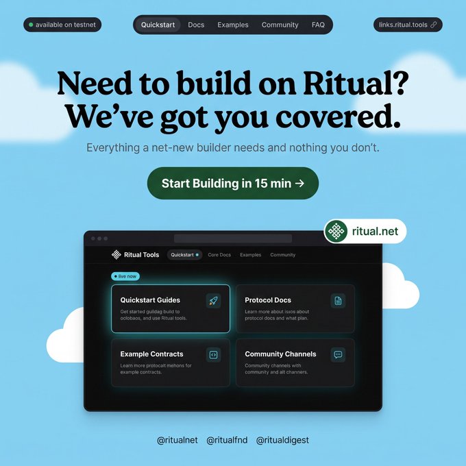 A landing page for Ritual.net with the headline 'Need to build on Ritual? We've got you covered.' and a 'Start Building in 15 min' button above a preview of Ritual Tools.