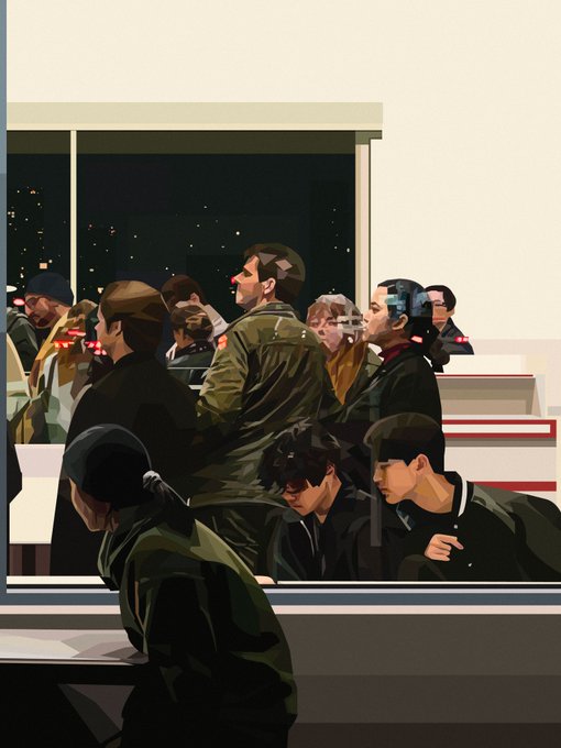 A stylized digital painting of a crowded subway or train scene at night, showing passengers in dark clothing packed together near the windows.