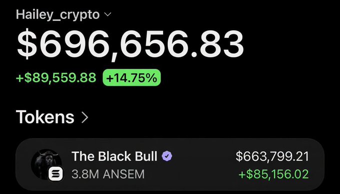 A screenshot of a crypto portfolio showing "Hailey_crypto" with a total balance of $696,656.83 (+14.75%, +$89,559.88), highlighting a holding of "3.8M ANSEM" (The Black Bull) valued at $663,799.21 (+$85,156.02), illustrating the massive gain on the free Ansem airdrop mentioned in the post.