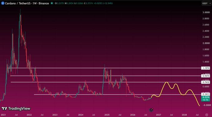 A weekly TradingView chart of Cardano / TetherUS (ADAUSDT) on Binance showing price at 0.2524, with horizontal support/resistance levels marked at approximately 0.3453, 0.7422, 0.9493, and 1.1974.