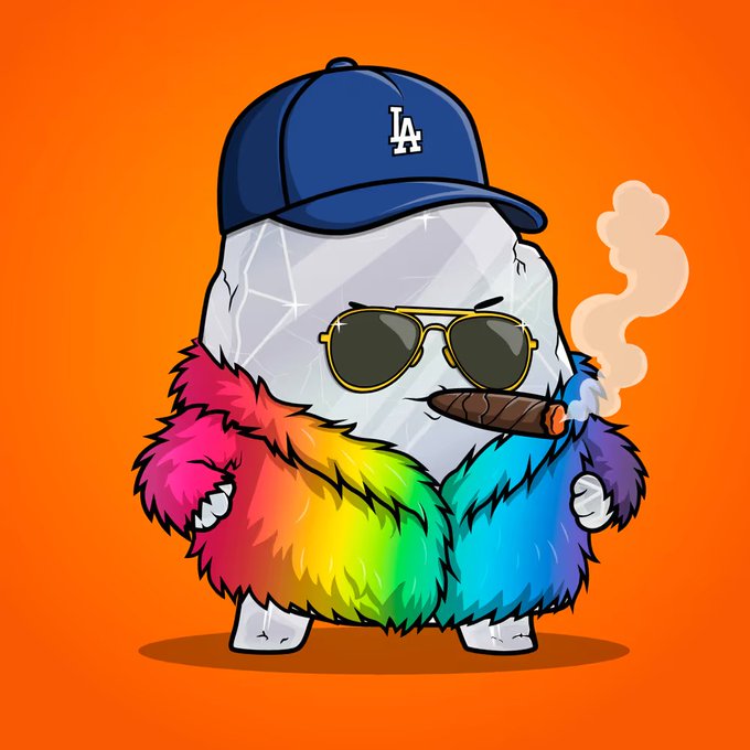 A cartoon illustration of a cracked white egg character wearing an LA Dodgers blue cap, sunglasses, and a rainbow fur coat, holding a smoking cigar against an orange background.