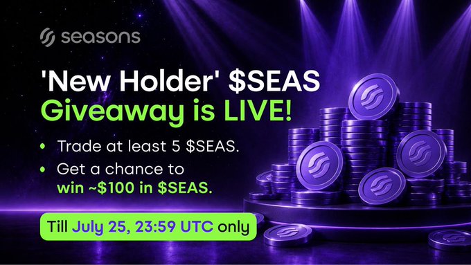Promotional graphic for the Seasons "$SEAS Giveaway" featuring stacks of purple $SEAS coins under spotlight, with text announcing "Trade at least 5 $SEAS" to win "~$100 in $SEAS" until "July 25, 23:59 UTC."