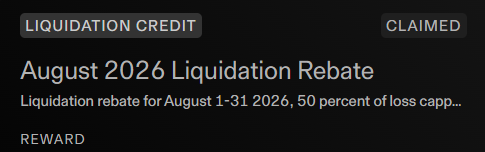 A dark-themed UI element showing a 'LIQUIDATION CREDIT' that has been 'CLAIMED'. The title reads 'August 2026 Liquidation Rebate' with smaller text below stating it is a 'Liquidation rebate for August 1-31 2026, 50 percent of loss capp...' and a 'REWARD' label.
