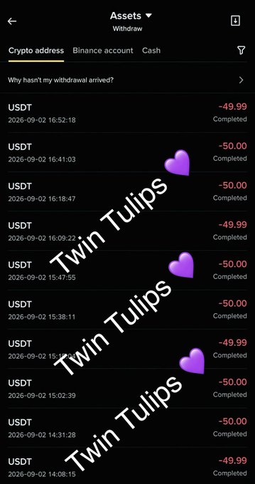 The screenshot displays a withdrawal log from a crypto exchange showing multiple USDT withdrawals of $49.99 and $50.00 dated September 2, 2026, all marked as "Completed," with "Twin Tulips" watermarked across the image alongside purple heart emojis. This serves as proof of recent $50 USDT payouts, supporting the post's claim of sending $50 to 10 people.