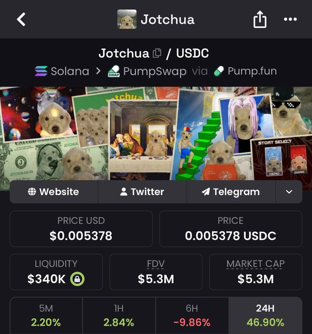 A screenshot of a Jotchua/USDC memecoin trading page on Solana's PumpSwap (via Pump.fun) shows the token at $0.005378 USDC with $340K liquidity, a $5.3M market cap/FDV, and a 46.90% gain in the past 24 hours—reinforcing the post's bullish claim that the community is rallying to push the token back to a new all-time high.