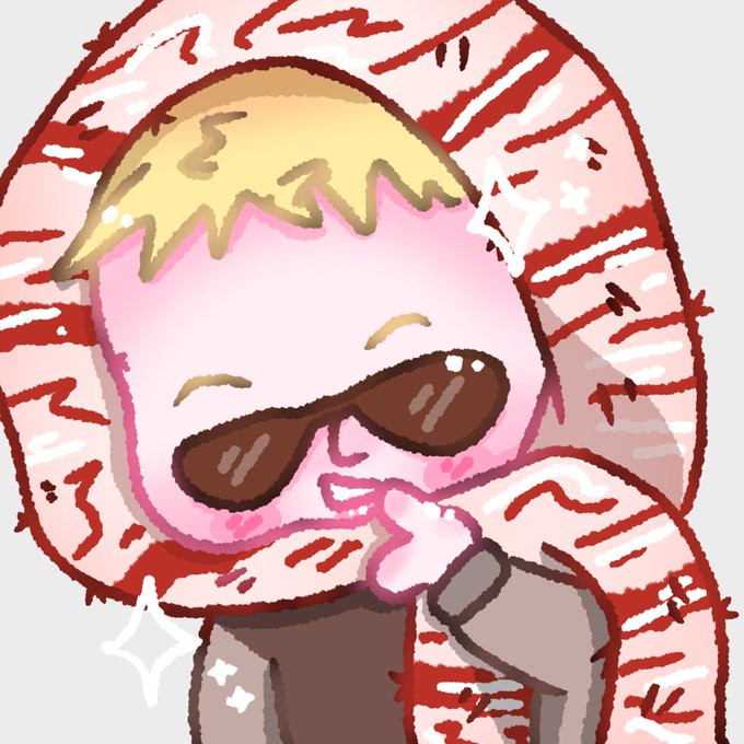 A cute cartoon illustration of a blonde character wearing sunglasses, a red and white striped hood, and a brown shirt, posing with a peace sign.