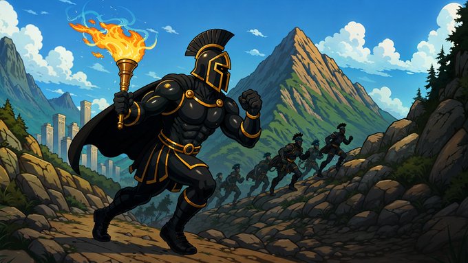 A cartoon illustration of an armored warrior in black and gold armor holding a flaming torch, running through a mountainous landscape with other figures following behind.