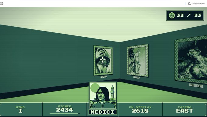 A retro-styled green computer interface displaying information about 'MEDICI', including 'RING I', 'VIEWED 2434', 'ON DISPLAY 2618', and 'FACING EAST', alongside portraits.